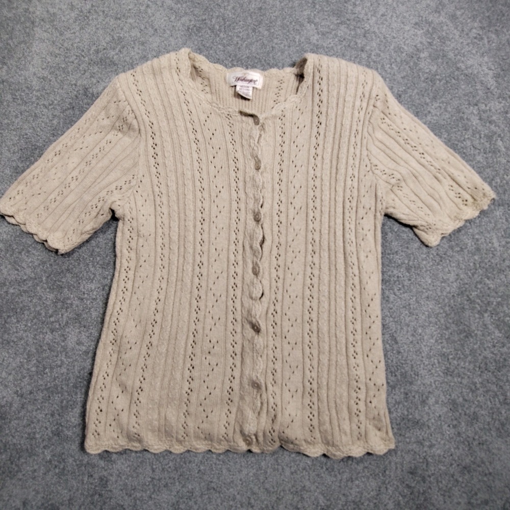 Worthington Cardigan Womens M Short Sleeve Pointelle Silk Cotton Beige Good